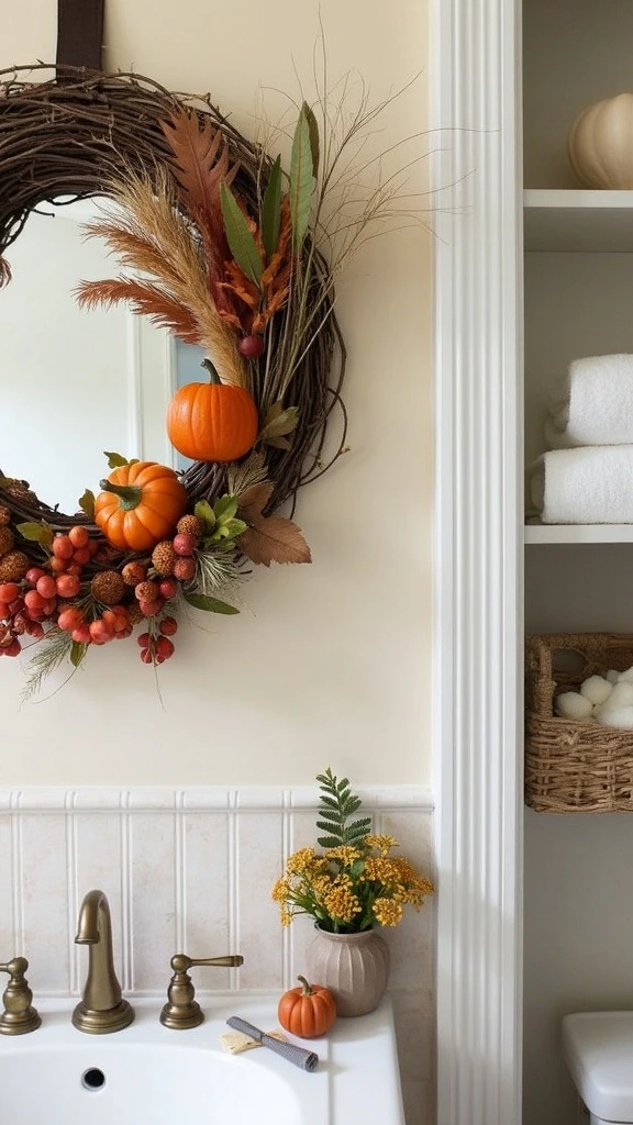 Fall bathroom wreath, autumnal garland, rustic door decor, woodland-inspired accents, seasonal wall hangings, twig and berry decorations, vintage-style bathroom accessories, jute-tied garlands, natural bathroom elements, festive bath decor