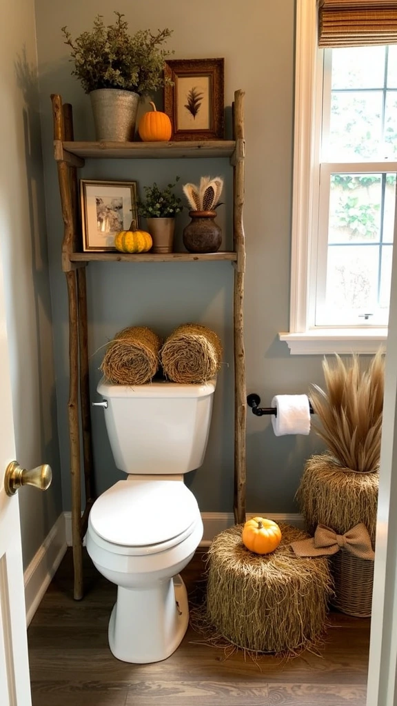 Hay bale bathroom decor, wooden log accents, rustic bathroom elements, autumn-inspired displays, natural bathroom accessories, gourd and burlap decorations, cozy bath ambiance, farmhouse-style bathroom, seasonal floor decor, organic bath elements