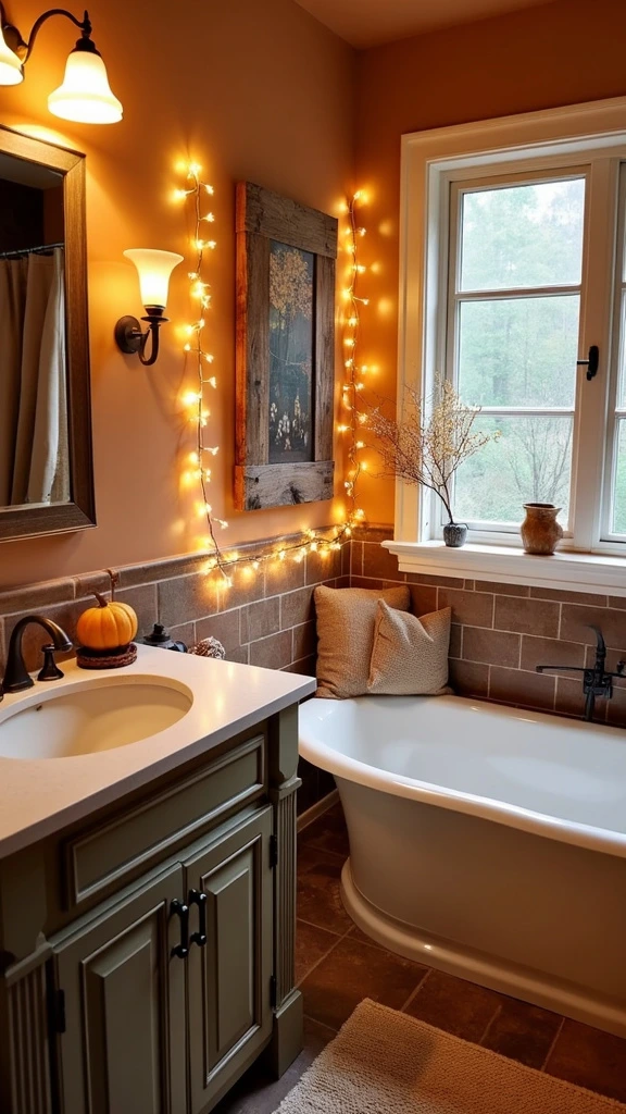 Warm LED bathroom lighting, soft white bulbs, amber light fixtures, cozy bathroom ambiance, dimmer switches, string lights decor, twinkly shower lights, fall-inspired illumination, atmospheric bath lighting, energy-efficient bathroom lights