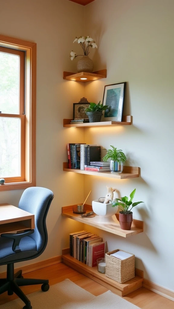 Corner shelving, space-maximizing storage, geometric shelves, awkward space solutions, vertical storage ideas, small room organization, efficient corner use, decorative shelving options, compact office storage, nook utilization