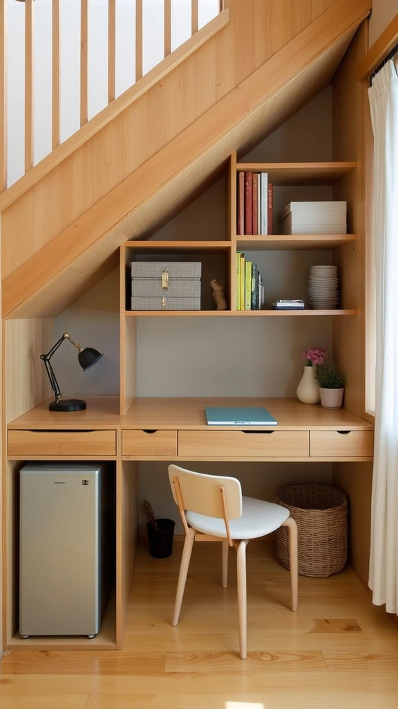 Under-stair storage, hidden storage solutions, staircase utilization, compact office nooks, space-efficient design, creative storage ideas, multifunctional spaces, small home organization, clever furniture placement, unused space optimization