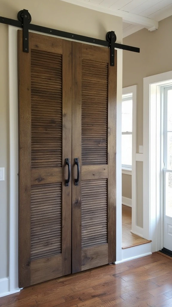 Barn door closet doors, sliding door design, stylish storage, modern farmhouse, barndominium interior, space-saving solution, rustic charm, functional decor