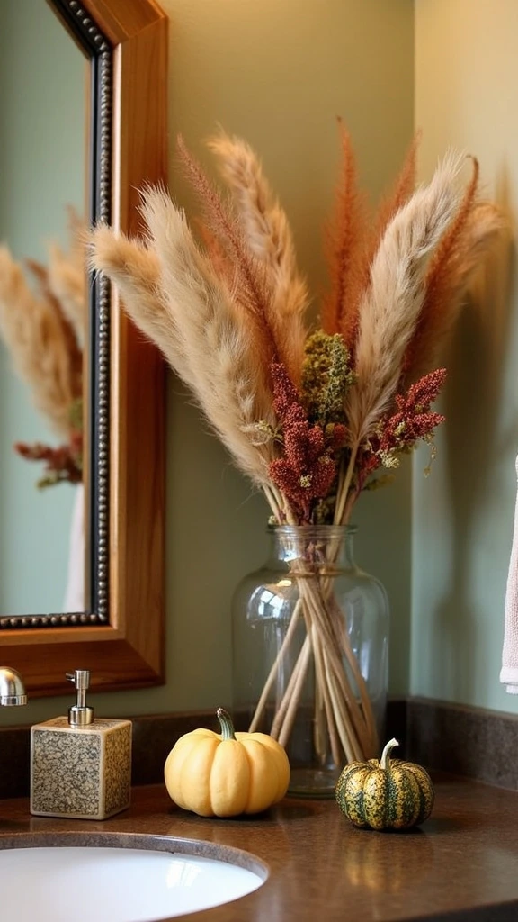 Dried ornaments bathroom decor, corn husk decorations, pampas grass plumes, seed cluster accents, organic bathroom textures, harvest-inspired elements, natural bathroom accessories, autumn glass displays, rustic bathroom decor, preserved botanical accents