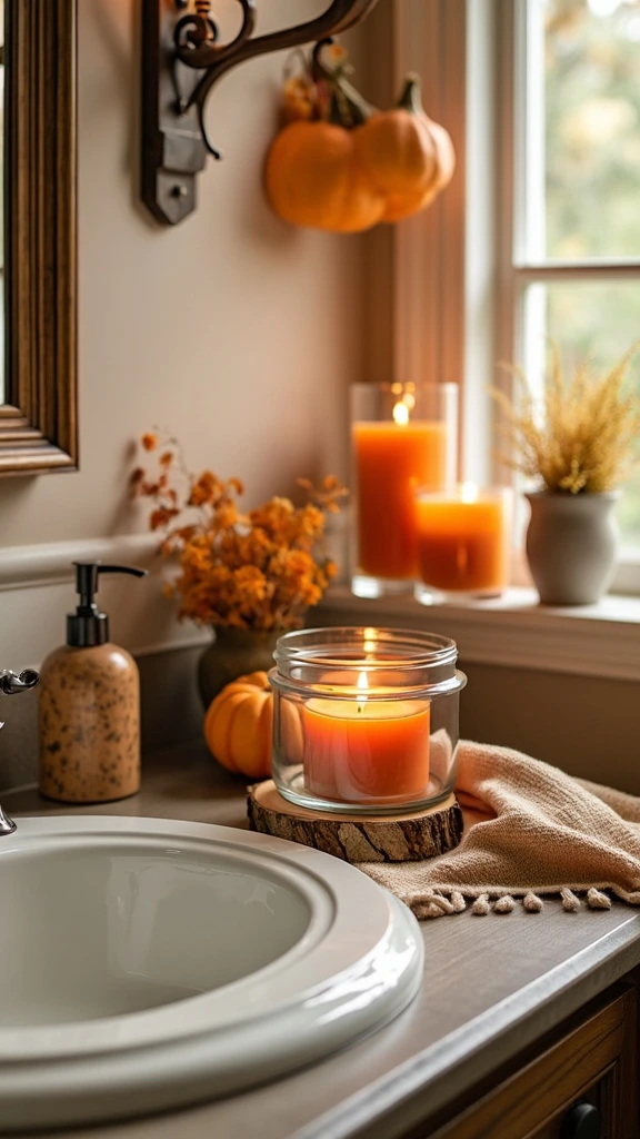 Autumnal bathroom candles, fall-scented sprays, pumpkin fragrance accessories, cider-scented air fresheners, pine-scented bathroom products, layered fall aromas, glass hurricane candle holders, cozy bathroom ambiance, seasonal home fragrances, aromatic bath decor