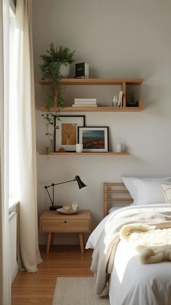 Wall-mounted shelves, floating shelves, vertical storage, minimalist, bedroom decor, space-saving, display, organization, plants, books