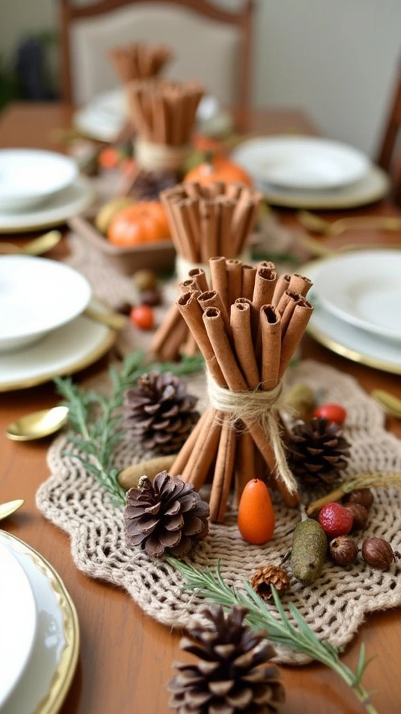 Cinnamon sticks, pinecones, autumn decor, rustic centerpiece, natural elements, fall table decoration, seasonal display, aromatic decoration, woodland theme, cozy ambiance