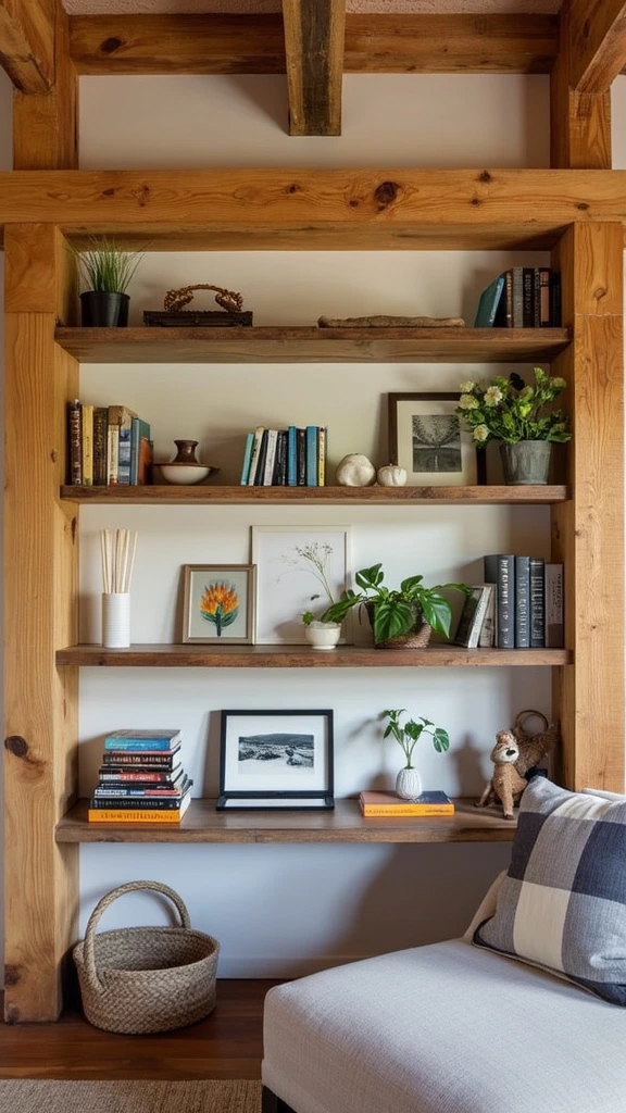 Exposed beam shelving, rustic storage, raw wood beams, open shelves, display space, barndominium style, live-edge wood, metal building interior