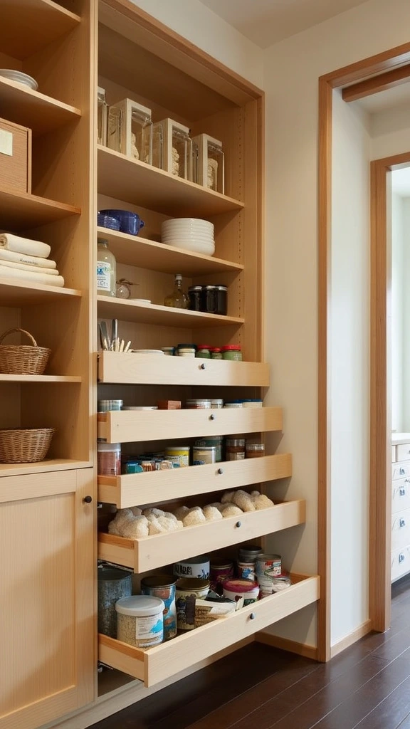 Pull-out shelves, efficient storage, organized cabinets, space optimization, accessible storage, sliding shelves, interior organization, custom shelving, maximized cabinet space, smart storage solutions