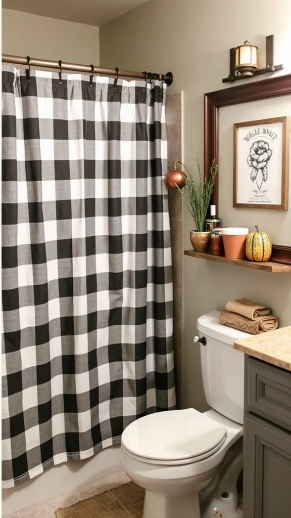 Buffalo check bathroom accents, plaid shower curtain, patterned bath accessories, classic fall prints, autumn-inspired textiles, cozy bathroom patterns, rustic bath decor, seasonal bathroom fabrics, country-style bath elements, traditional bathroom designs