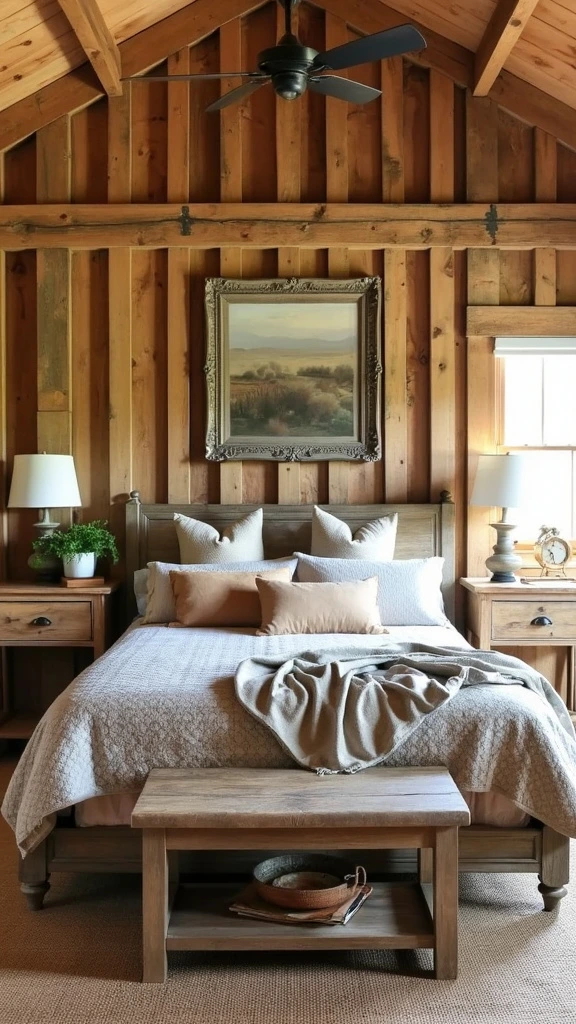 Rustic bedroom furniture, distressed wood, cozy sleeping space, earth tones, eco-friendly linens, barndominium interior, farmhouse-style bedroom, comfortable design