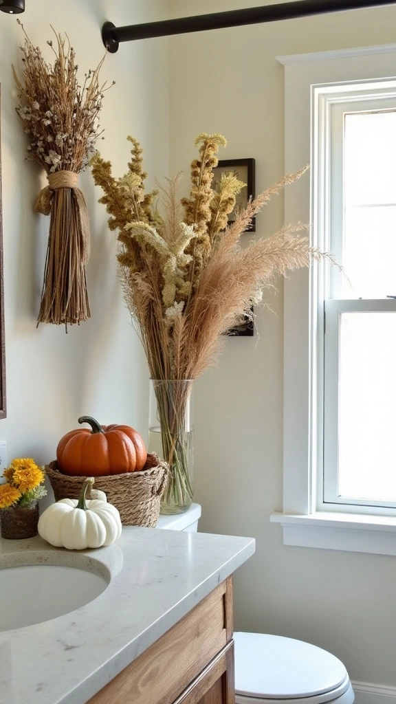 Dried flower garlands, chamomile bundles, statice decorations, natural bathroom accents, jute-tied floral arrangements, shower curtain rod decor, cabinet-top decorations, rustic bath elements, autumn-inspired botanicals, wispy textured accents