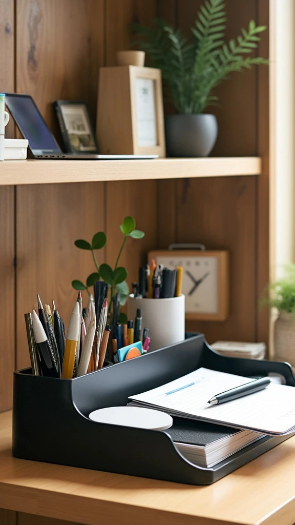 Desktop organizers, office supply storage, desk tidying solutions, compact organization tools, efficient workspaces, clutter-free desks, small office accessories, productivity-enhancing organizers, minimalist desk setup, space-saving office supplies