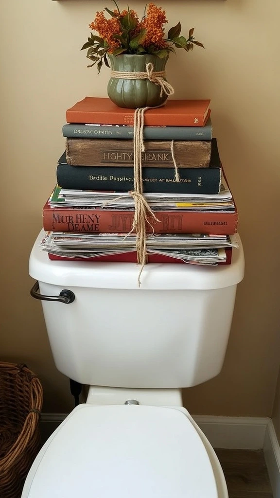 Rustic book displays, stacked magazines decor, harvest-themed reading material, outdoor-inspired bathroom accessories, jute-tied book bundles, cottagecore bathroom elements, raffia-wrapped magazine decor, fall-inspired reading nooks, decorative bathroom literature, cozy bath reading corners