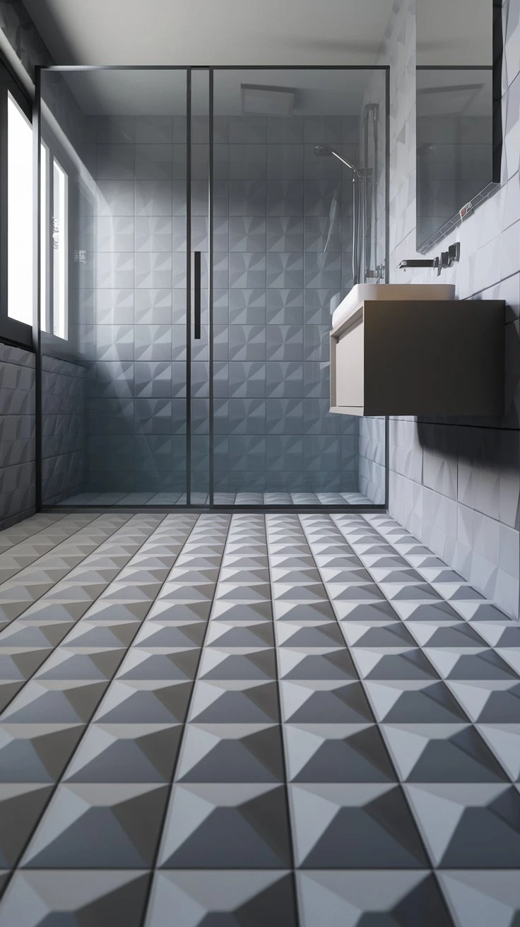 3D tiles bathroom flooring, textured surface, visual interest, modern design, unique patterns, focal point creation, artistic appeal, slip-resistant, dramatic effect, innovative