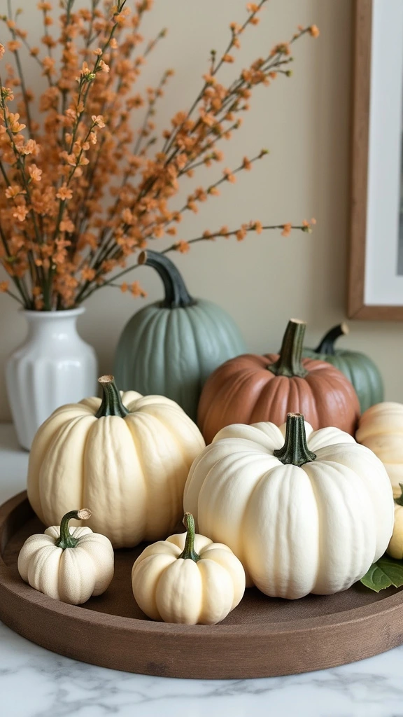 Painted pumpkins, decorative gourds, fall bathroom decor, autumnal accents, seasonal squashes, unique bathroom accessories, creative fall displays, natural elements, harvest-inspired decor, festive touches