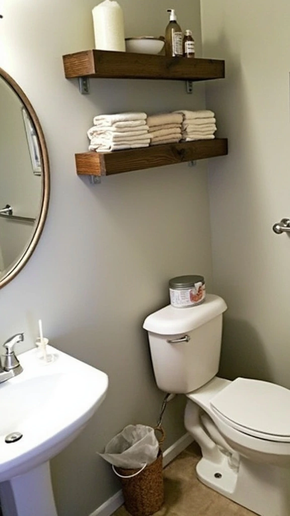 Bathroom storage solutions, floating shelves, DIY bathroom shelving, space-saving ideas, rustic wood shelves, affordable organization, wall-mounted storage, bathroom decor shelves, open shelving design, functional bathroom upgrade