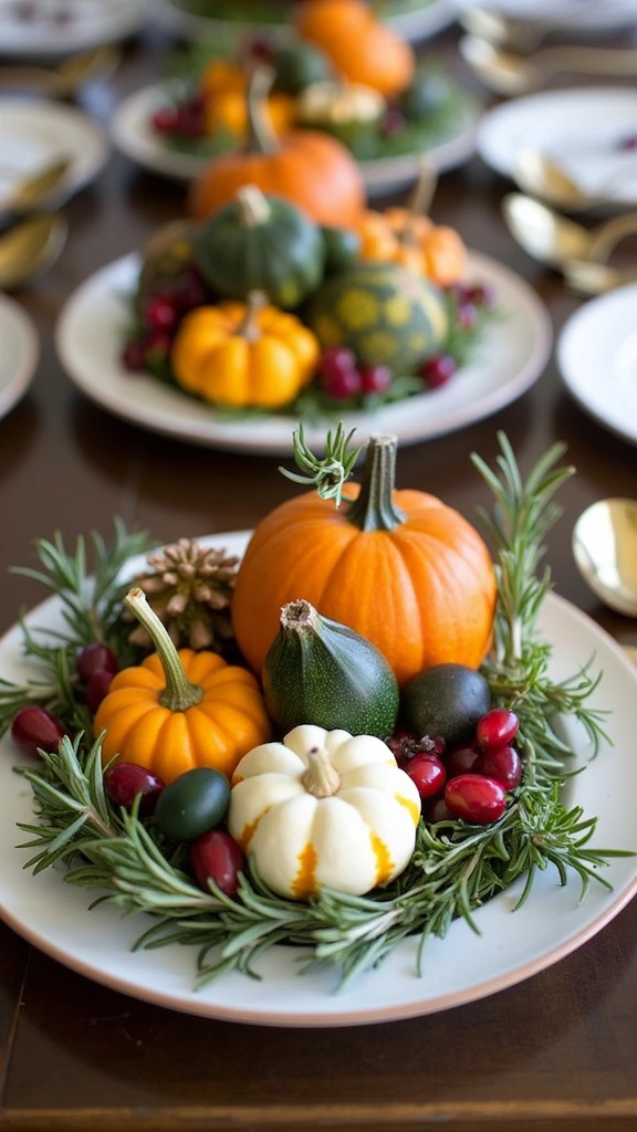 Mini gourds, berries, fall harvest, table decoration, seasonal centerpiece, rustic display, autumn colors, natural elements, thanksgiving decor, festive arrangement