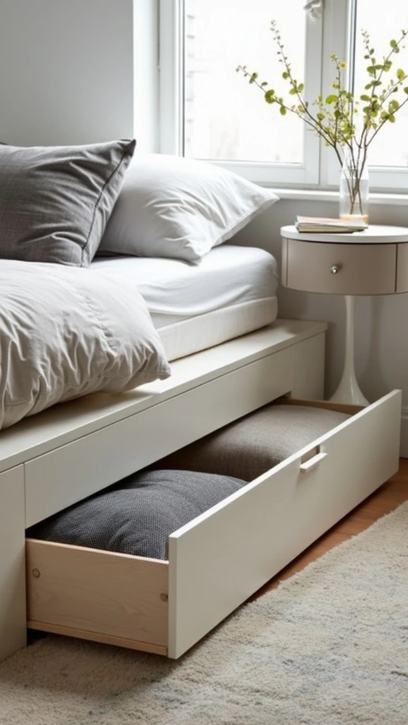 Platform bed, under-bed storage, minimalist bedroom, space-saving, modern design, storage solutions, drawers, organizers, small space