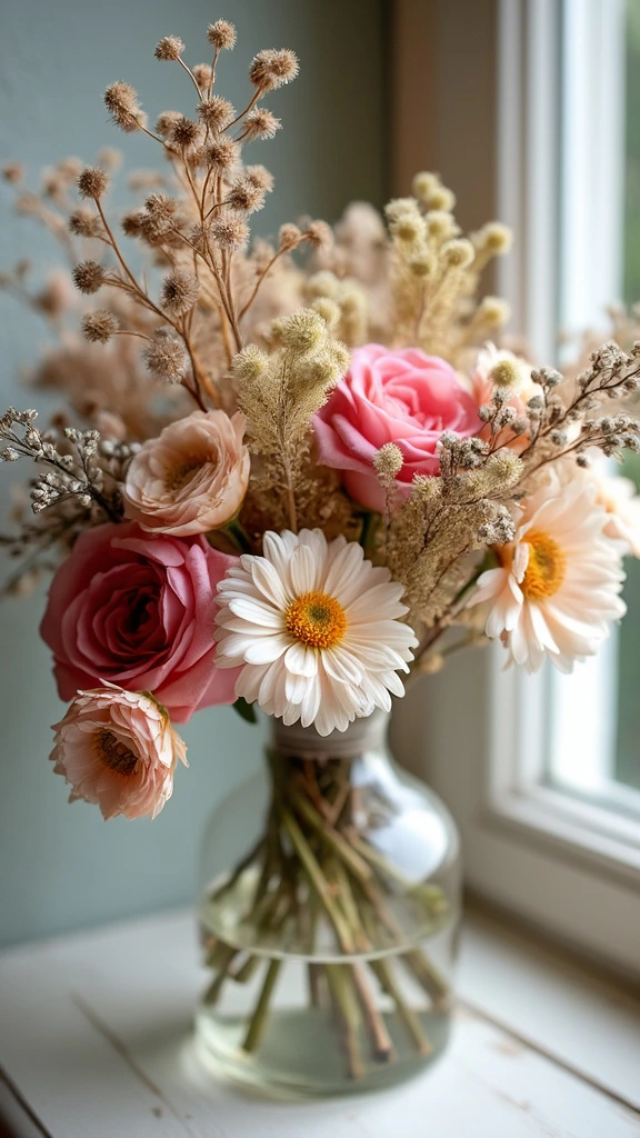 Bohemian girly decor with dried flowers, natural elements, rustic charm, feminine boho, preserved blooms, earthy tones, textural interest, organic beauty