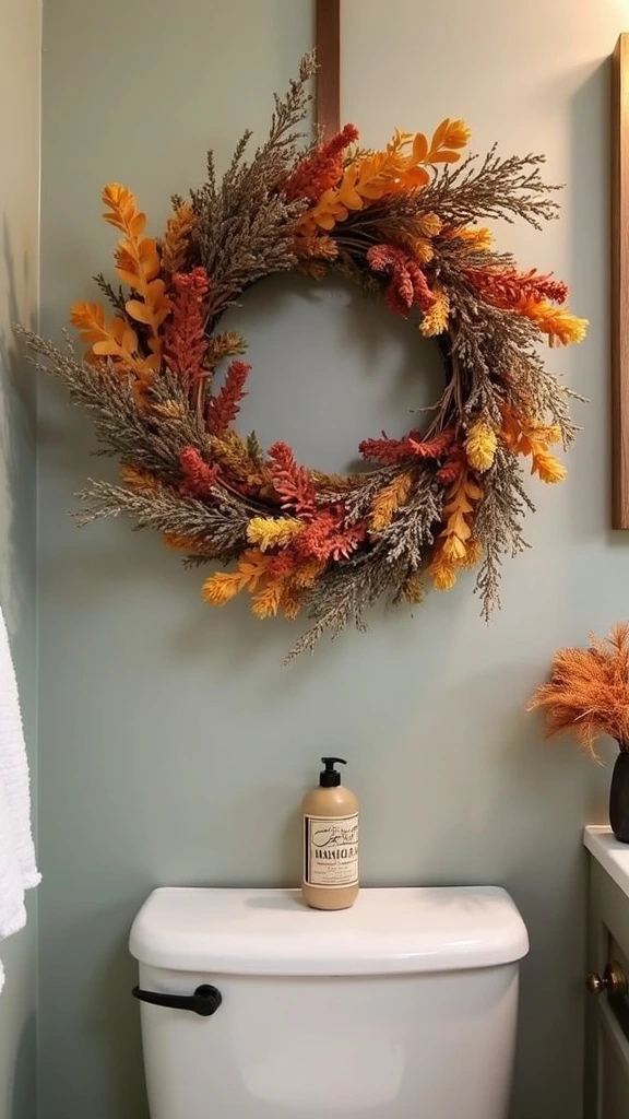 Dried flower wreaths, autumn garlands, rustic bathroom decor, natural floral arrangements, seasonal wall hangings, botanical accents, fall-inspired decorations, organic textures, long-lasting decor, cozy ambiance