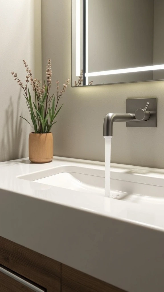 Wall-mounted faucet, space-saving, modern bathroom, sleek design, counter space, pull-down sprayer, stylish