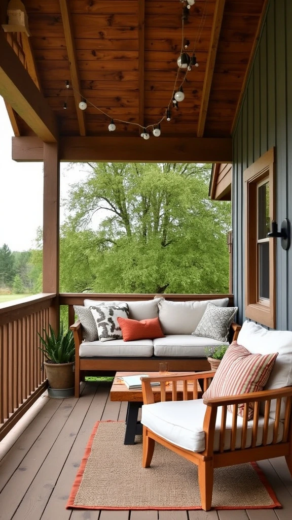 Balcony reading nook, outdoor living space, hanging daybed, cozy seating, string lights, book storage, custom barndominium, relaxation area