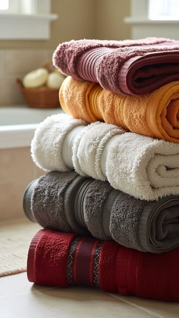 Fall-colored hand towels, seasonal bathroom linens, autumnal hues, plaid washcloths, cozy bathroom accessories, warm color palette, soft textiles, decorative towel display, functional fall decor, inviting bathroom touches