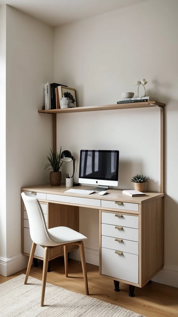 Desk with storage, integrated drawers, minimalist workspace, small bedroom, multifunctional furniture, compact office, organization, efficiency