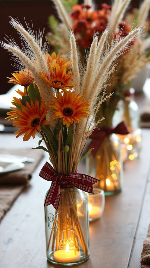 Dried flowers, wheat stalks, rustic centerpiece, fall table decor, harvest theme, neutral colors, natural elements, autumn arrangement, seasonal display, farmhouse style