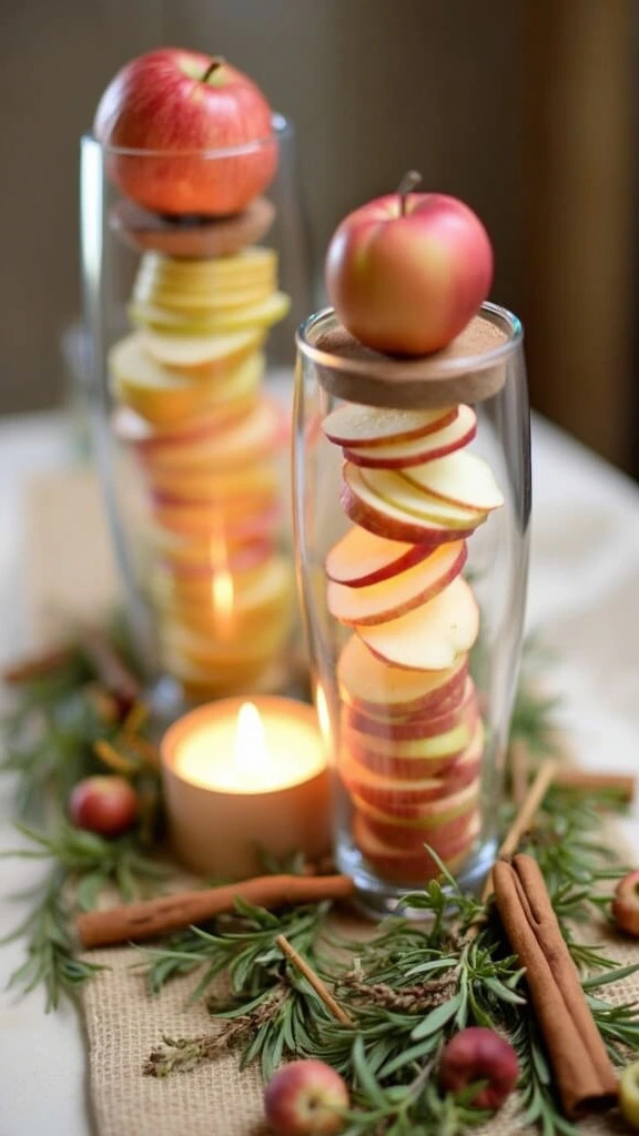 Apple slices, candles, fall decor, rustic centerpiece, autumn table, seasonal arrangement, warm ambiance, natural elements, cozy display, harvest theme