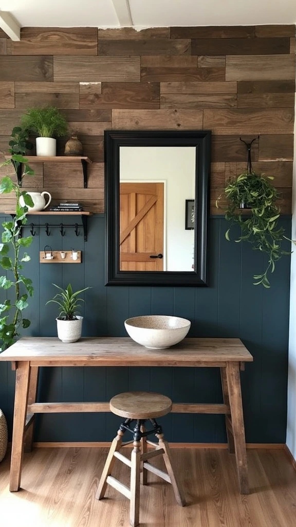 Barn siding accent wall, reclaimed wood, rustic charm, focal point, open shelving, mirror display, barndominium design, distressed wood