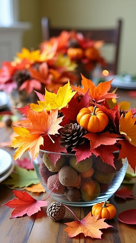 Colorful leaves, autumn foliage, fall table decor, seasonal centerpiece, natural elements, vibrant colors, leaf arrangement, rustic display, thanksgiving decoration, harvest theme