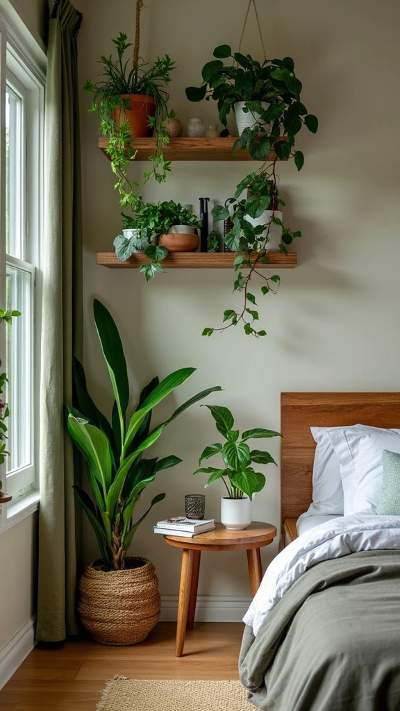 Indoor plants, bedroom greenery, natural decor, air purifying plants, botanical accents, interior landscaping, biophilic design, plant stands, hanging plants, succulents