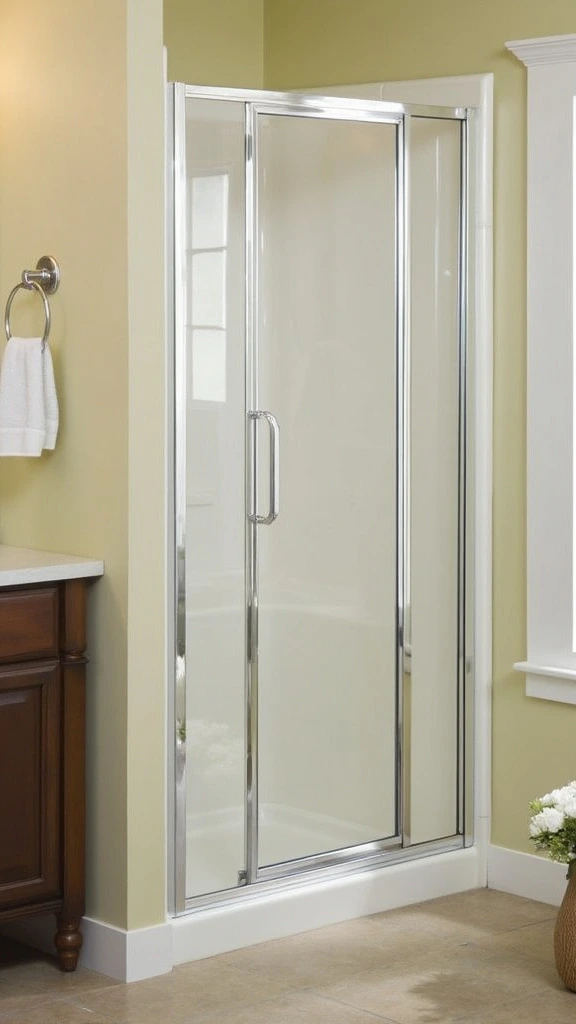 Shower doors, space-saving, compact bathroom, glass enclosure, modern design, pivot doors, frameless