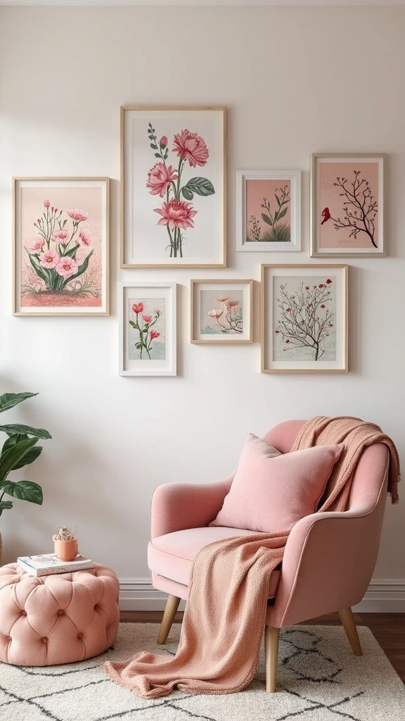 Romantic girly atmosphere with wall art, feminine prints, artistic decor, dreamy visuals, pastel paintings, decorative frames, aesthetic appeal, stylish display