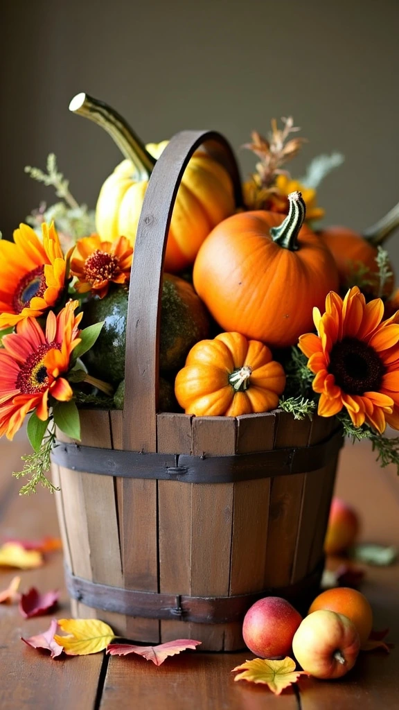 Harvest basket, pumpkins, gourds, autumn flowers, fall centerpiece, rustic decor, seasonal display, thanksgiving table, natural elements, farmhouse style