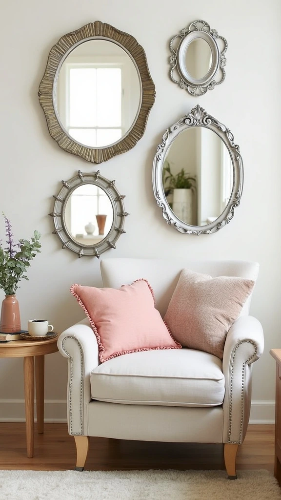 Elegant girly spaces with mirrors, reflective decor, light-enhancing elements, ornate frames, feminine sophistication, spatial illusion, decorative accents, chic style