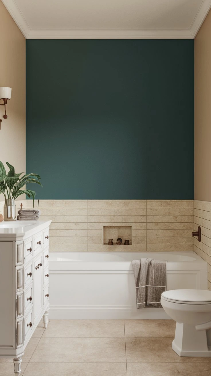 Bathroom accent wall, bold color statement, focal point design, contrasting hues, modern aesthetic, eye-catching feature, creative paint idea, dimensional look, stylish interior, unique decor