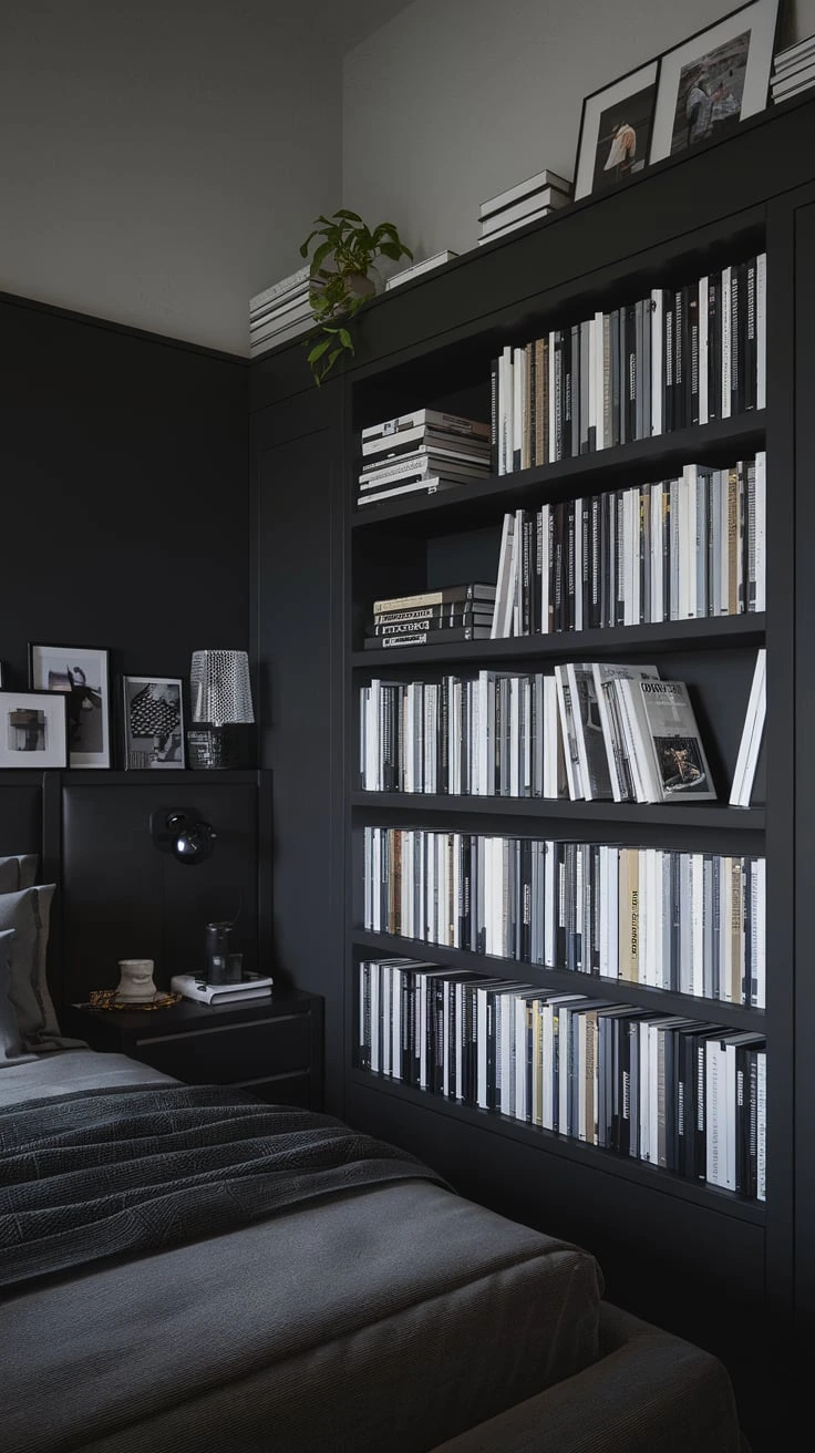 Bedroom shelving built-in floating shelves color-coordinated book spines design books