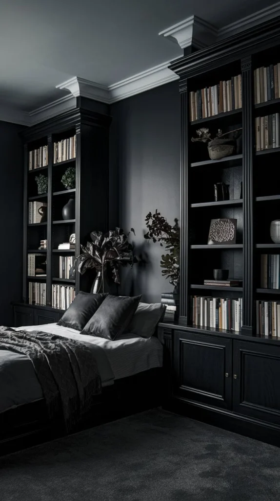 Dark bookcases in bedroom, built-in shelving, sophisticated storage solutions, moody book display, elegant bedroom organization, rich wood shelves, literary bedroom decor, stylish book storage, decorative shelving units, bedroom library setup