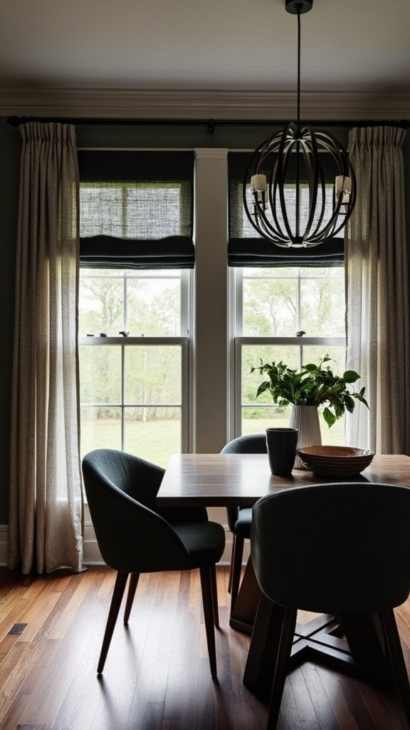 Layered window treatments, curtains, sheers, Roman shades, roller shades, coordinating fabrics, depth, interest, soft light filtering