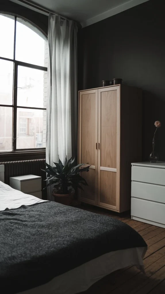 Plants and flowers in moody bedroom, indoor greenery, natural elements, botanical decor, dark floral arrangements, potted plants, air purifying decor, organic touches, living accents, biophilic design