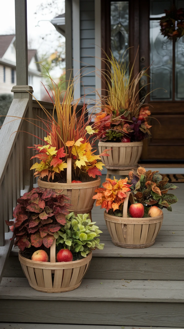 Apple basket arrangements wooden planters fall plants artificial apples harvest theme seasonal decor porch ideas autumn display