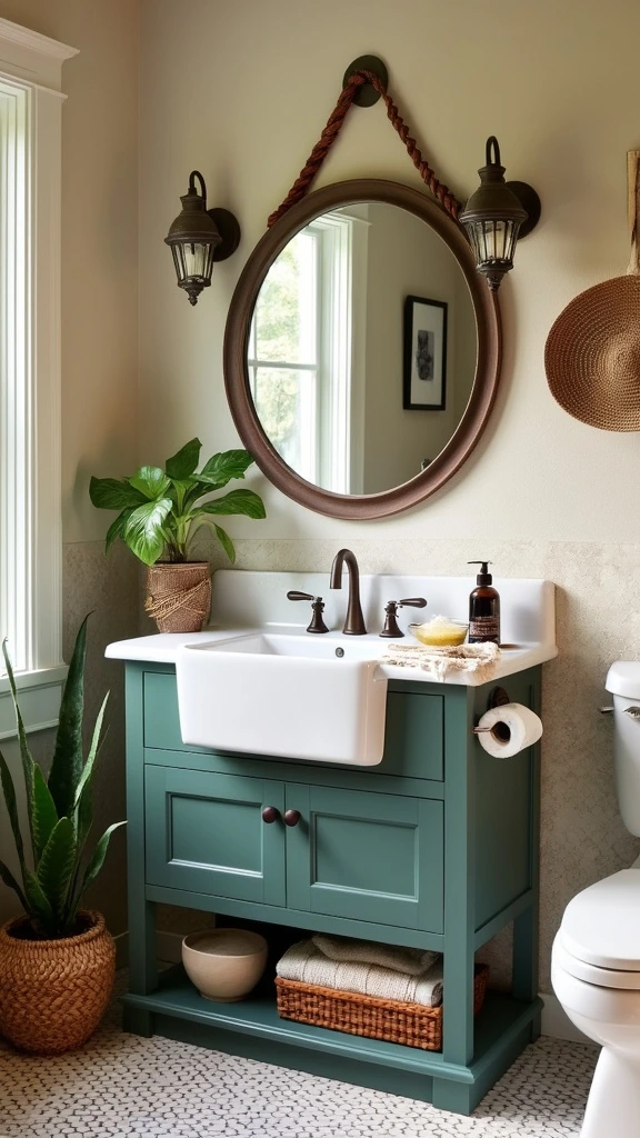 Apron sink, colorful bathroom vanity, farmhouse fixture, boho twist, painted furniture, statement piece, functional design, vintage inspired, modern farmhouse, unique sink