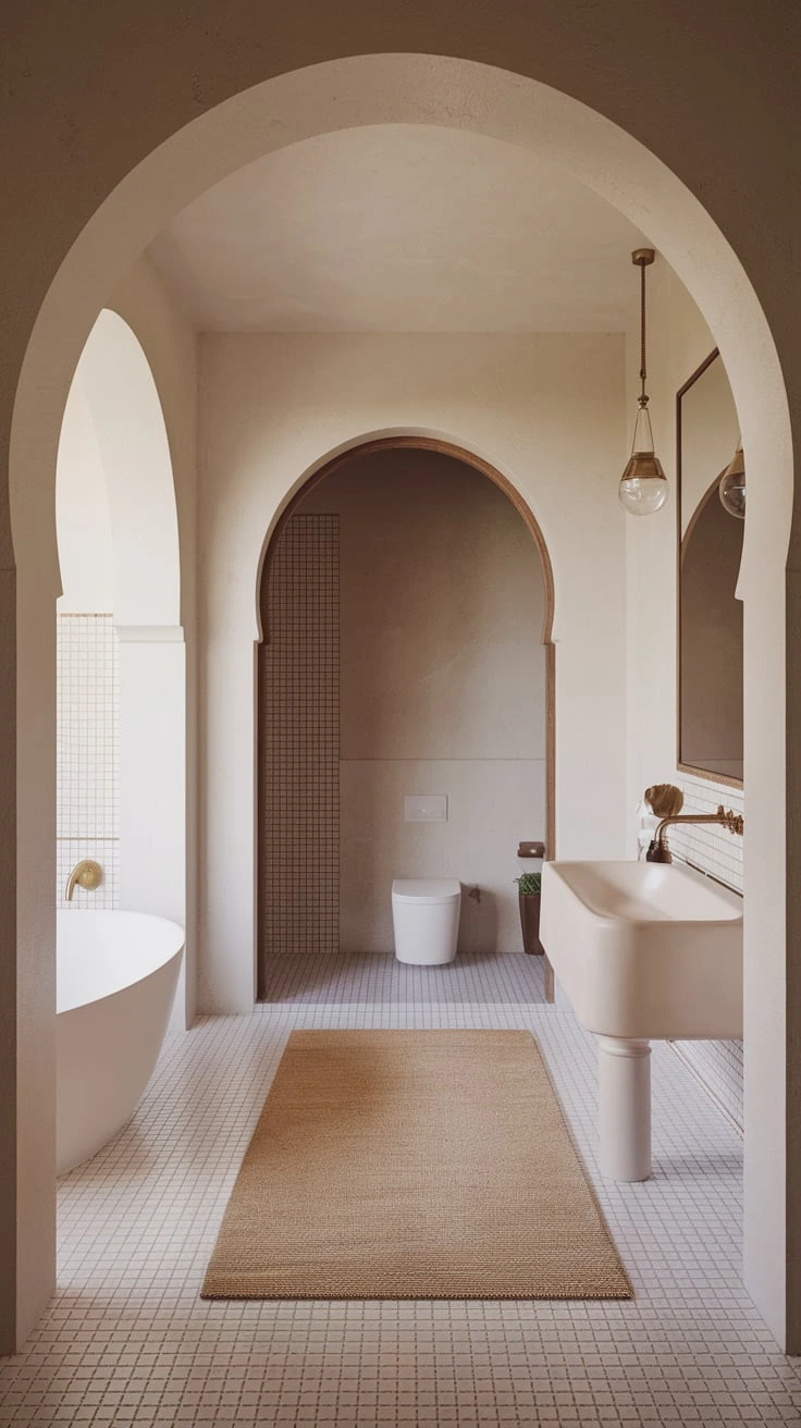 Arched doorway, Moroccan architecture, elegant entrance, curved design, bathroom feature, traditional element, contrasting colors, tiled arch, spacious feel, architectural detail