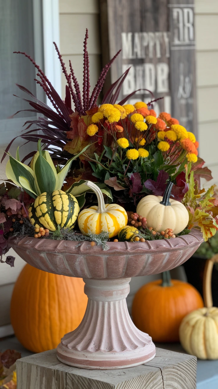 Birdbath planter elevated focal point fall plants mini pumpkins gourds unexpected seasonal display porch decor autumn ideas