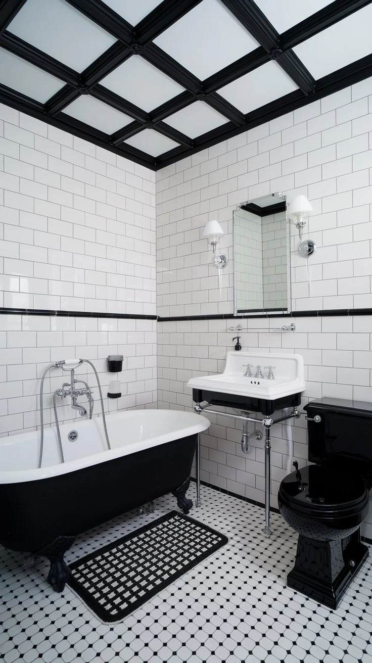 Black and white bathroom, high contrast design, classic color scheme, modern look, timeless appeal, dramatic interior, crisp clean lines, bold aesthetic, sophisticated decor, striking visual impact