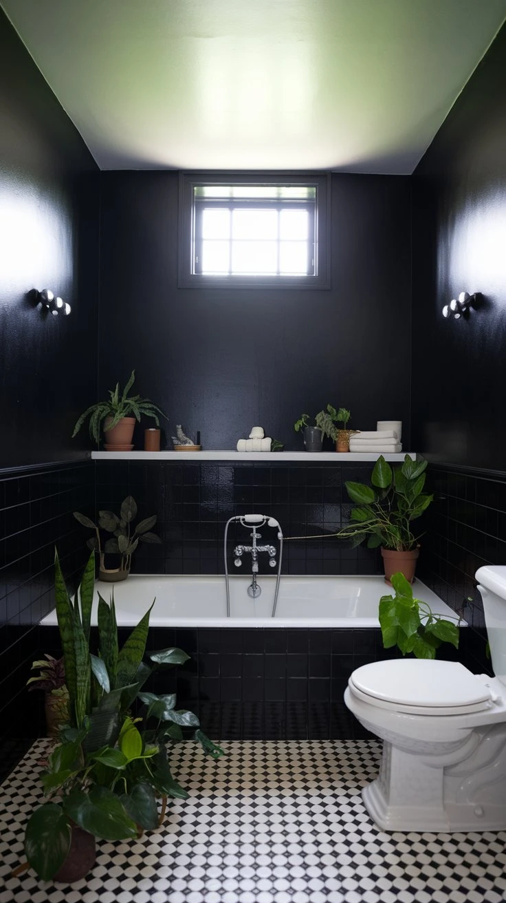 Bold black bathroom, dramatic design, modern aesthetic, high-contrast look, luxurious feel, sleek fixtures, statement walls, contemporary style, sophisticated atmosphere, daring color choice