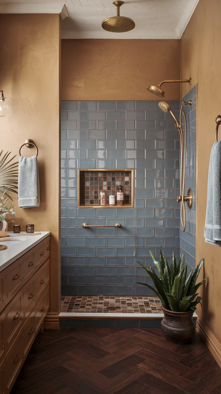 Brass accents, Moroccan bathroom, metallic finishes, luxurious details, warm tones, decorative hardware, vintage style, elegant fixtures, golden hues, sophisticated design