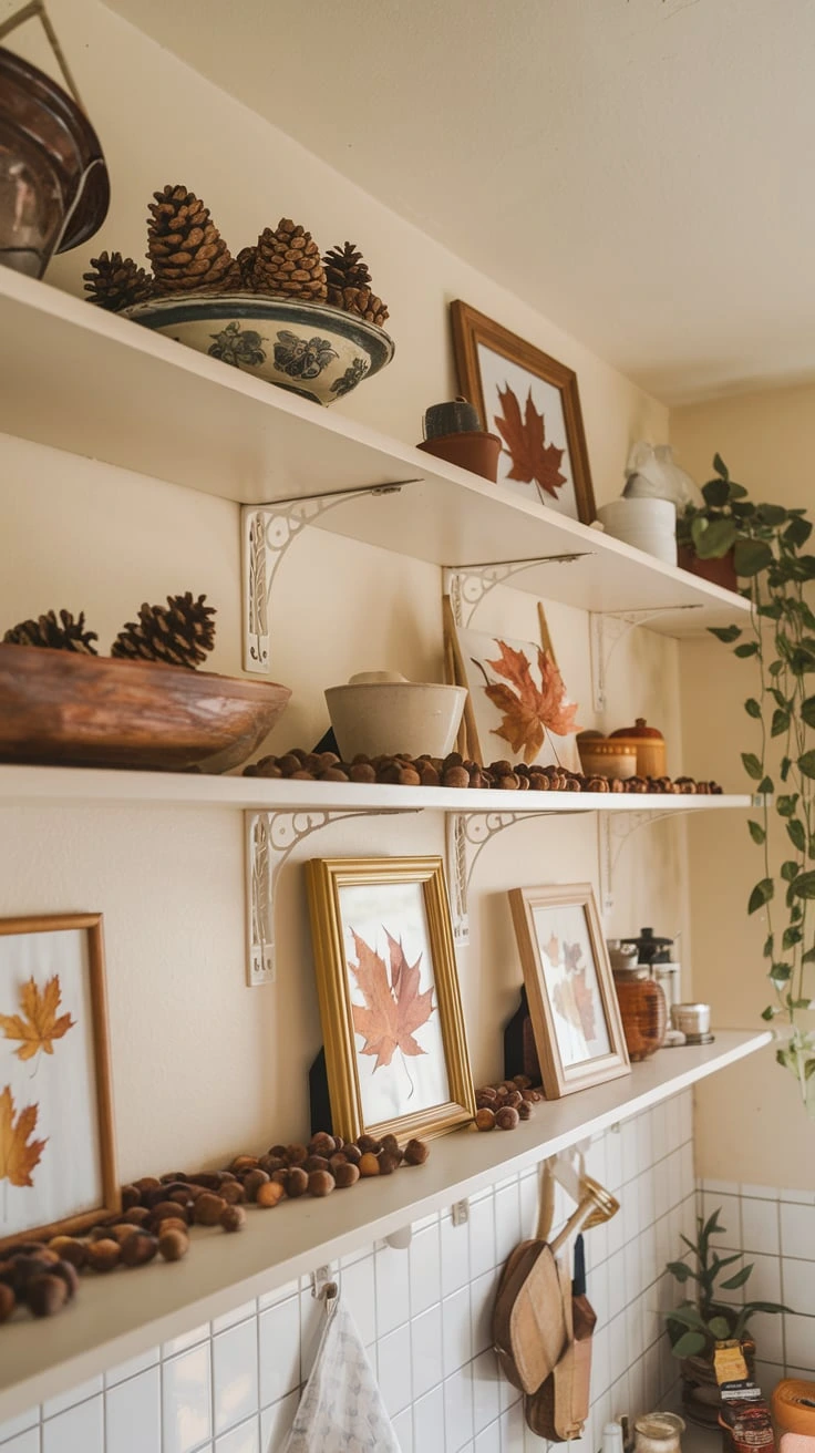 Natural fall elements in kitchen decor, pinecones, acorns, autumn leaves, organic display, seasonal touches